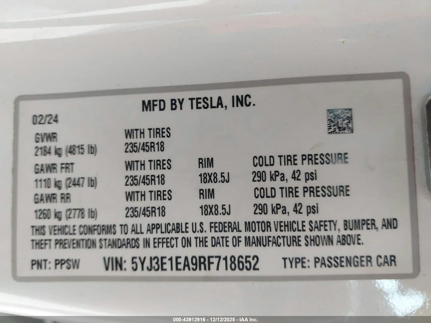2024 TESLA MODEL 3 VIN 5YJ3E1EA9RF718652 nuotrauka 8