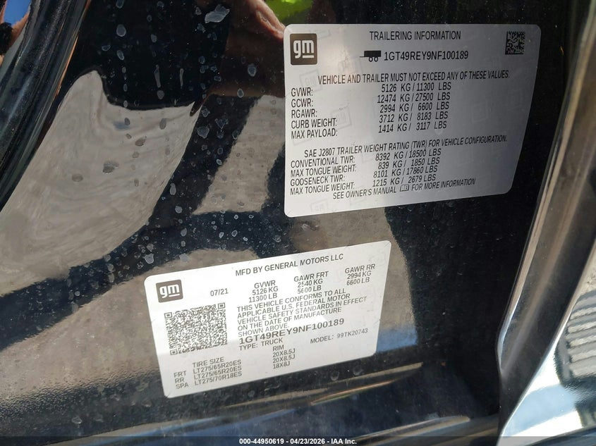 2022 GMC SIERRA VIN 1GT49REY9NF100189 nuotrauka 8